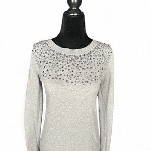 Grey Beaded Embellished Sweater Knit Size S Winter Holiday Elegant